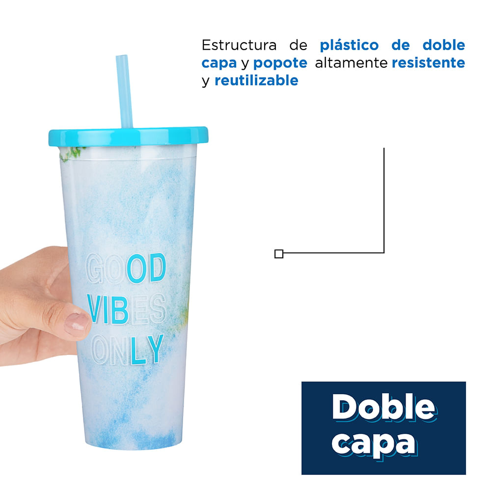 Vaso Con Tapa Y Popote Doble Capa Plástico Azul 720 ml