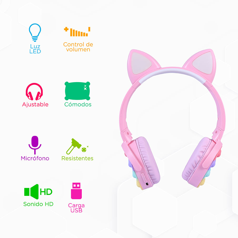 Audifonos bluetooth diadema inalambricos con led gato rosado 2025