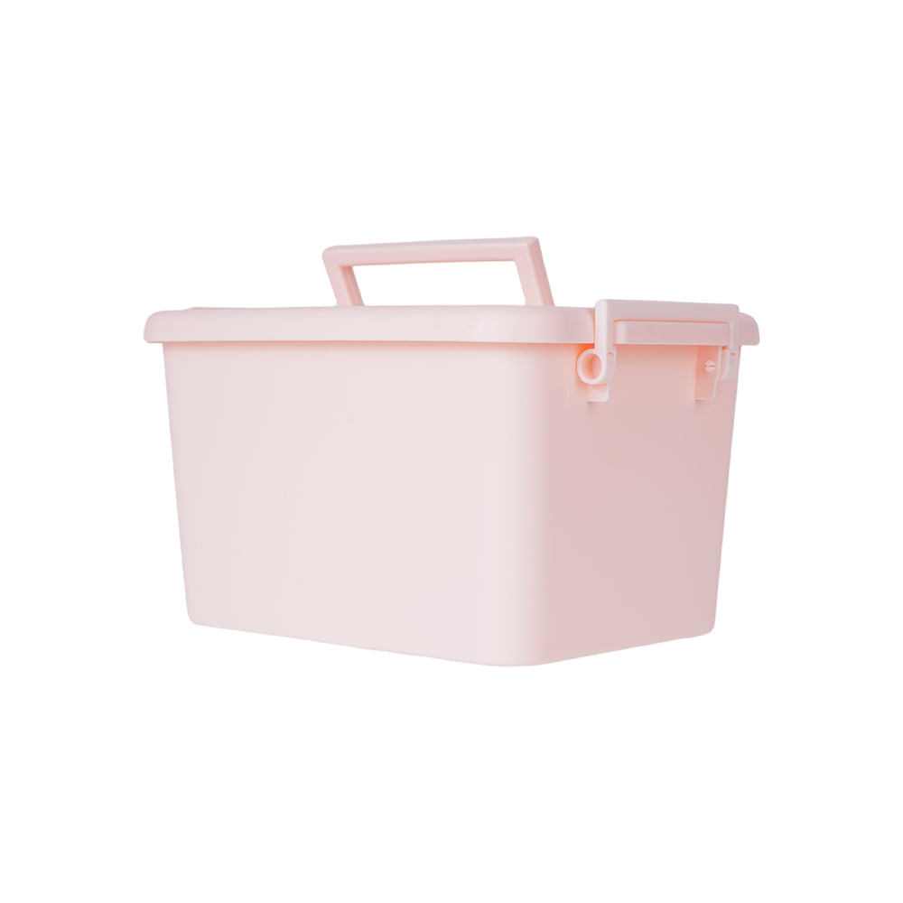 Caja plástica de almacenamiento con asa rosa