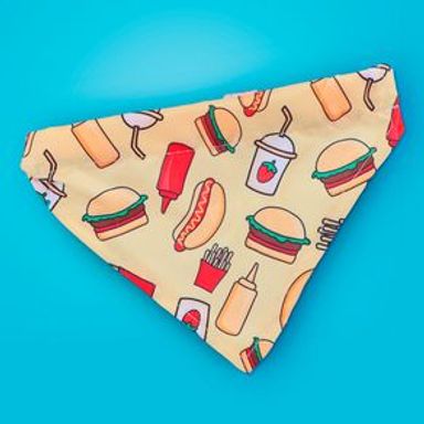 Bandana Para Mascotas Estampado Fast Food 100% Poliéster Amarilla 22x15 cm