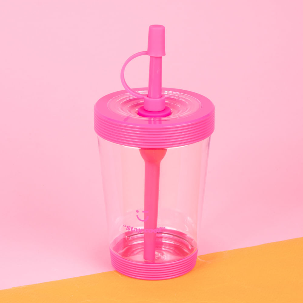 Vaso Con Tapa Y Popote Plástico  Rosa 535 ml