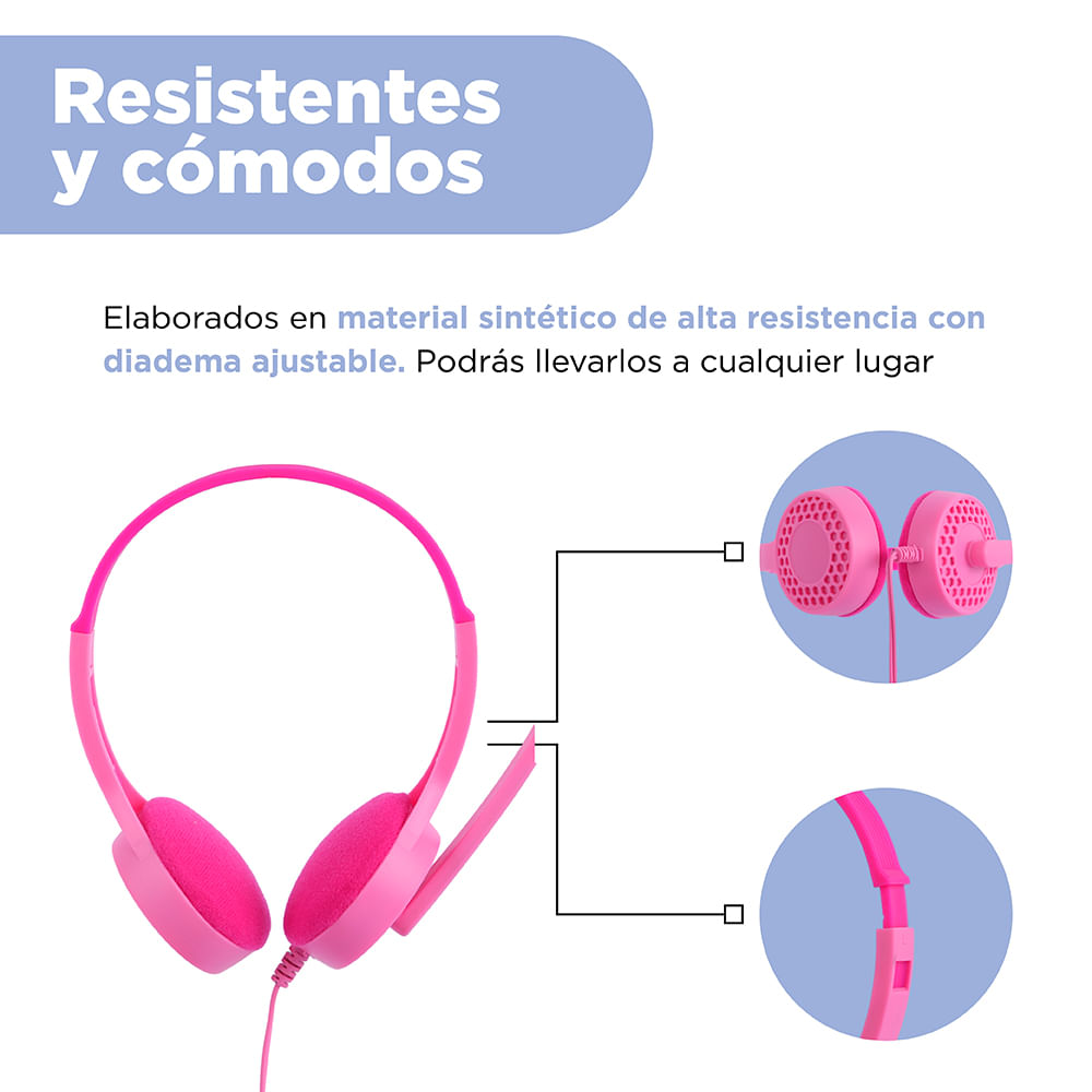 Audífonos De Diadema Con Cable Infantiles Sintéticos Rosas 150 Cm 3.5 mm