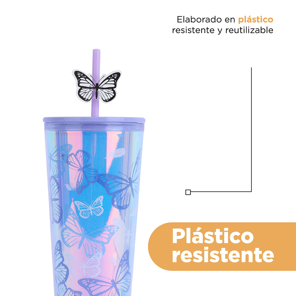 Vaso Con Tapa Y Popote Mariposas Live Vividly Plástico Doble Capa Tornasol 800 ml
